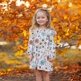 Autumn Blooms Long Sleeve Floral Ruffle Trim Empire Waist Dress