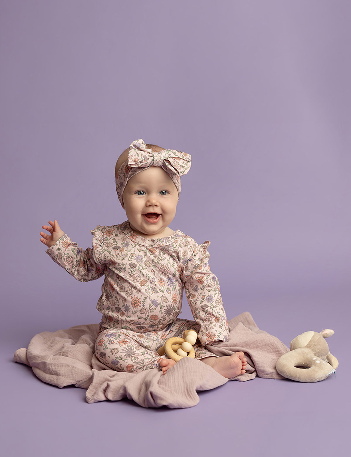 Whimsical Wildflower Long Sleeve Floral Ruffle Trim Bodysuit