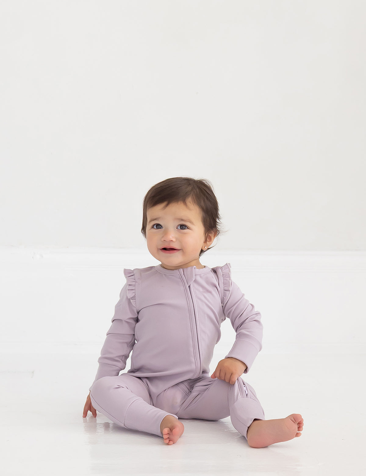Soft Meadow Ruffle Trim Convertible Foot Long Sleeve Solid Romper