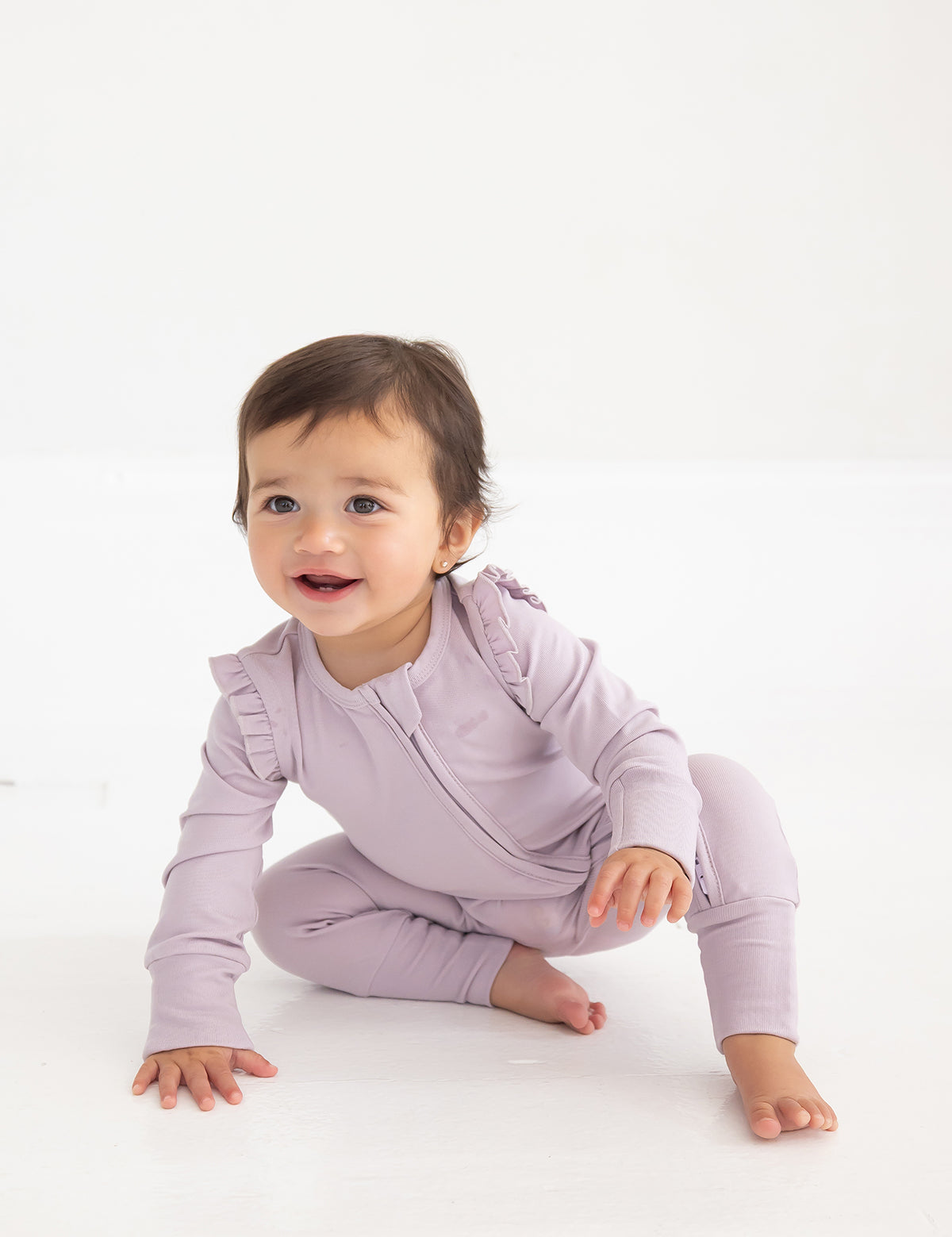 Soft Meadow Ruffle Trim Convertible Foot Long Sleeve Solid Romper