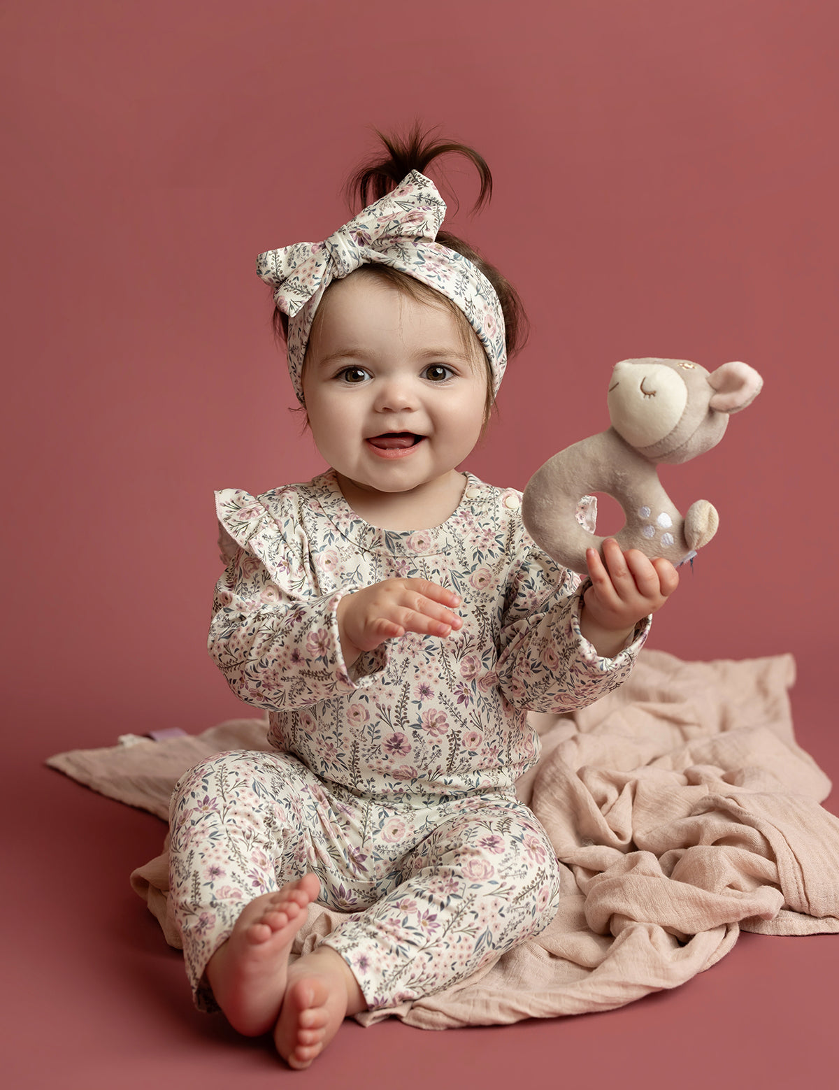 Soft Meadow Long Sleeve Floral Ruffle Trim Bodysuit