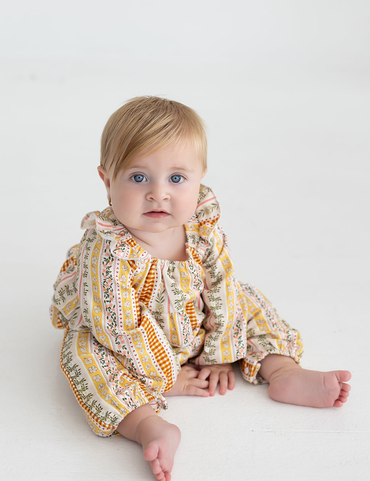 Buttercup Blossom Long Sleeve Striped Floral Ruffle Collar Bubble Romper