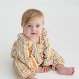 Buttercup Blossom Long Sleeve Striped Floral Ruffle Collar Bubble Romper