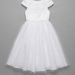 Lauren Marie Satin Beaded Lace Bodice Dress in white, featuring cap sleeves, a beaded lace bodice with floral embroidery, and a full tulle skirt.