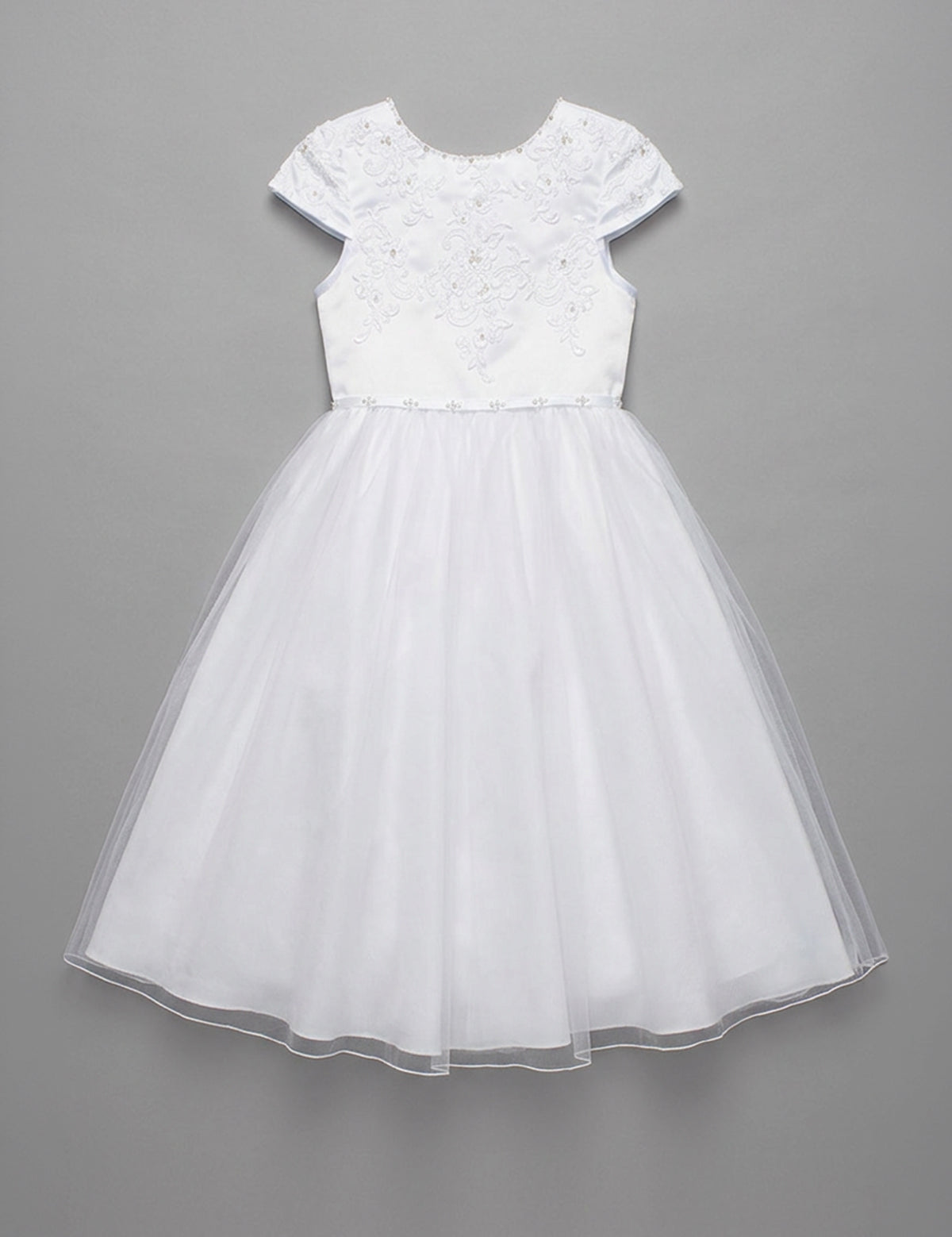 Lauren Marie Satin Beaded Lace Bodice Dress in white, featuring cap sleeves, a beaded lace bodice with floral embroidery, and a full tulle skirt.