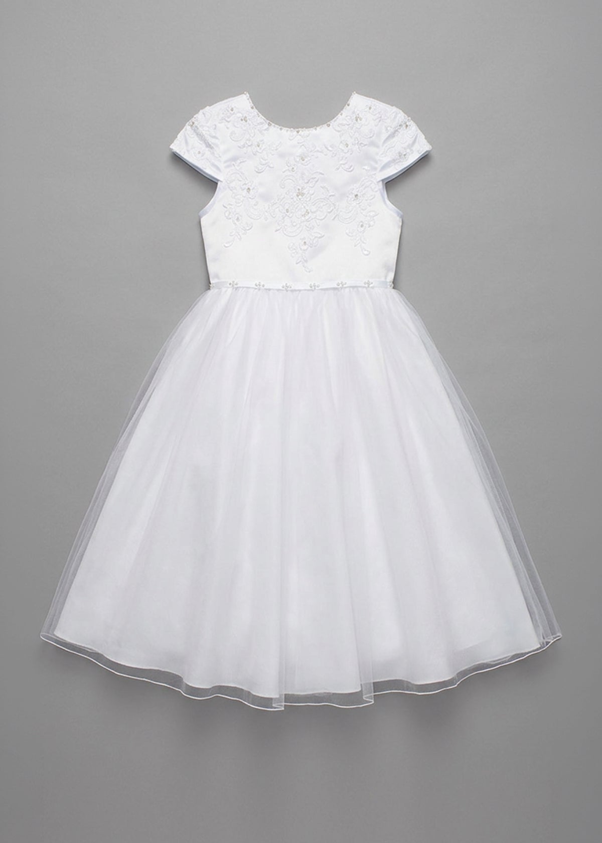 Lauren Marie Satin Beaded Lace Bodice Dress in white, featuring cap sleeves, a beaded lace bodice with floral embroidery, and a full tulle skirt.