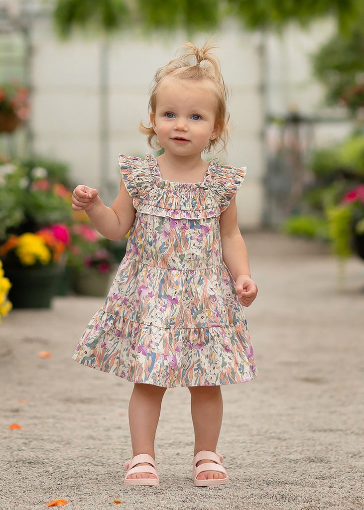 Second lifestyle image of Mabel and Honey Tiered Dress with floral Prints